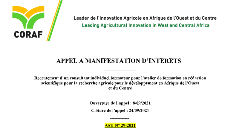 Recrutement d’un consultant individuel formateur pour l’atelier de formation en rédaction scientifique pour la recherche agricole pour le développement en Afrique de l’Ouest et du Centre