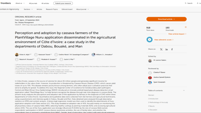 Perception and adoption by cassava farmers of the PlantVillage Nuru application disseminated in the agricultural environment of Côte d’Ivoire: a case study in the departments of Dabou, Bouaké, and Man