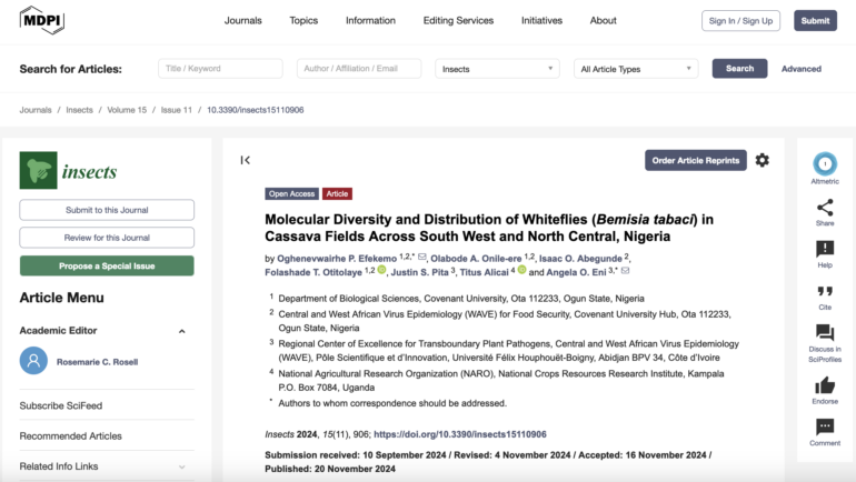 Molecular Diversity and Distribution of Whiteflies (Bemisia tabaci) in Cassava Fields Across South West and North Central, Nigeria