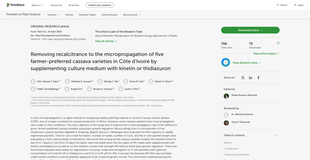 Removing recalcitrance to the micropropagation of five farmer-preferred cassava varieties in Côte d’Ivoire by supplementing culture medium with kinetin or thidiazuron - FR